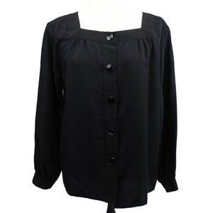 VTG Saint Laurent Rive Gauche Black Silk Flowy Square Neck Button Front Blouse